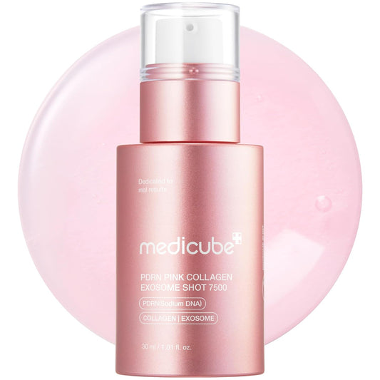 medicube PDRN - Suero de inyección de exosoma de colágeno rosa, 7,500 PPM, refuerzo líquido para la piel, exosoma, salmón ADN PDRN, espículas, tono desigual de la piel, cuidado de los poros, textura